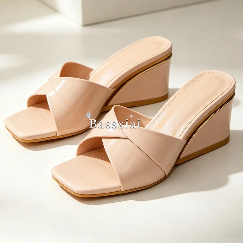 Sexy Serpentine Slip-on Summer Mules For Girls Unique Wedges Square Toe Slingbacks Outwear Sandals Women