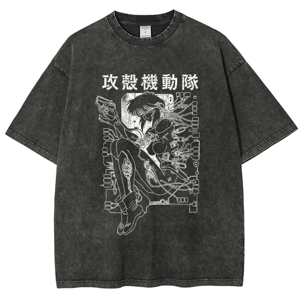 Hot Anmie Ghost in The Shell Anime Lover Washed T-shirt Personality Clothes Oversized Unisex Couples Vintage Retro Fashion soft