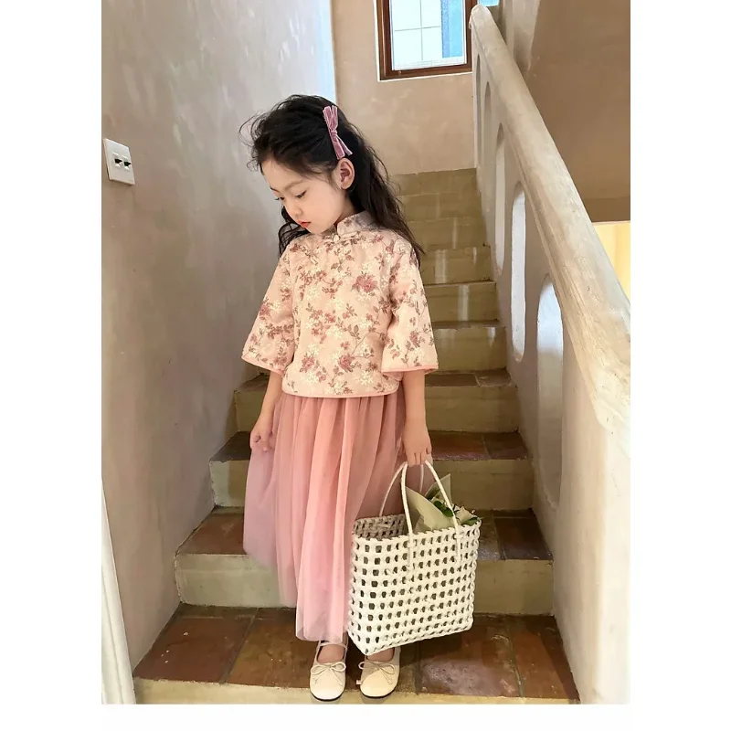 Terno Tang de duas peças para meninas, estilo chinês, gola alta, top estampado em flores, manga comprida, saia de renda infantil, trajes kawaii, outono