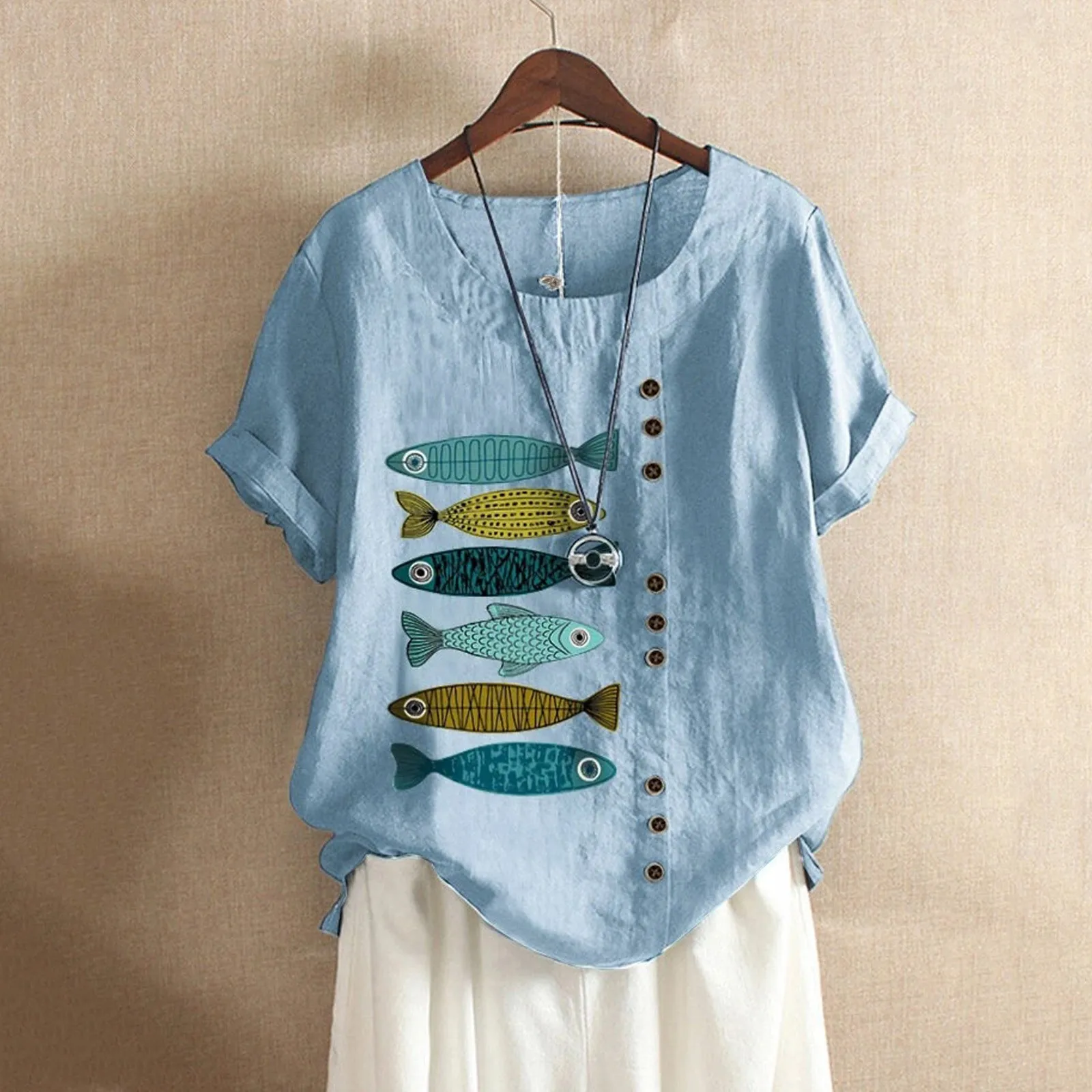 Women Casual Top Boho Short Button Sleeve Loose Blouse Print Fish Shirt Women'S Blouse Casual Cotton And Linen Top Top Mujer