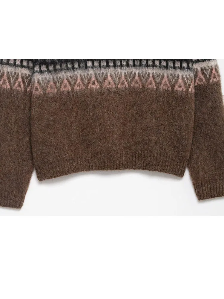 여성 겨울 신상 패션 크루넥 고무 효과 자카드 스웨터 여성 다용도 캐주얼 따뜻한 루즈 긴팔 풀오버 탑