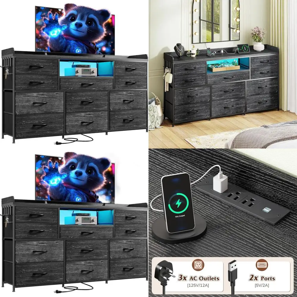 Eleven-Drawer TV Stand, 60 with LED Lights and Power Outlets, Storage with Shelves and Hooks for Bedroom, Dorm, or Hallway, Char