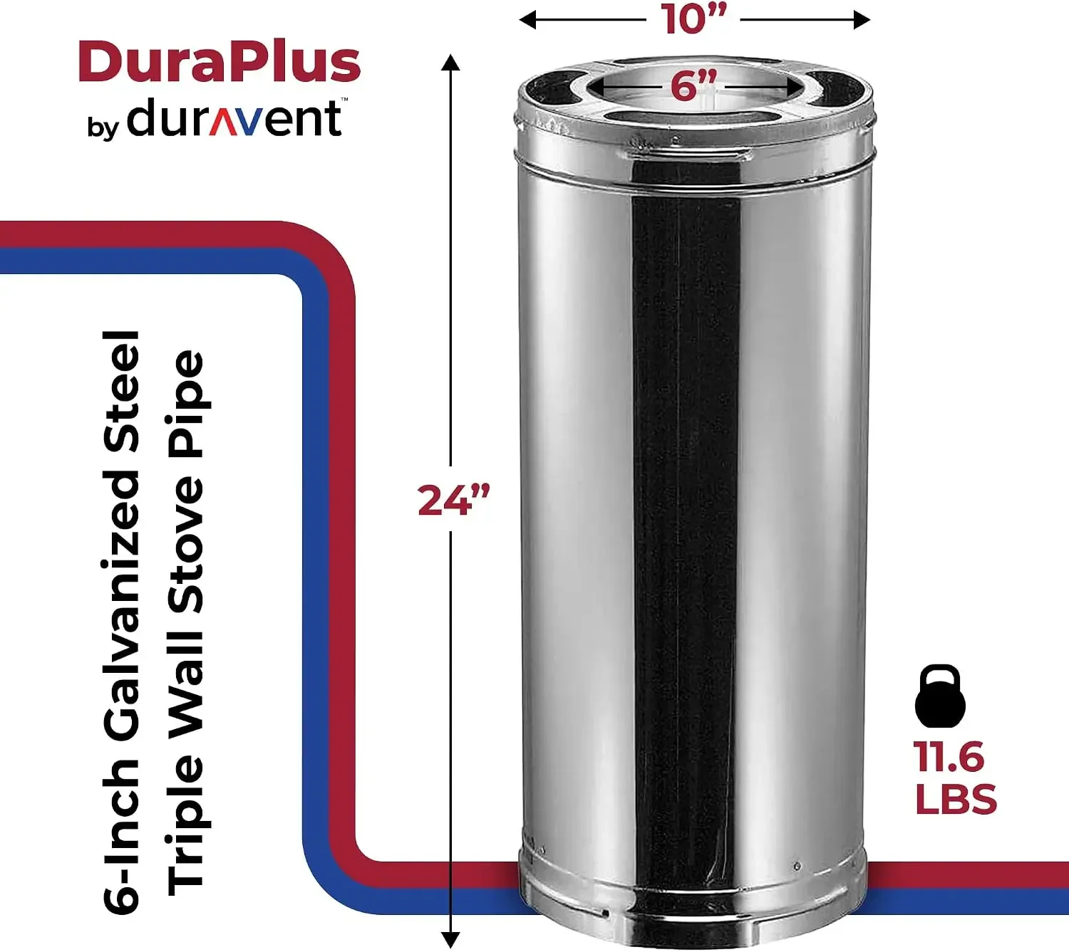 6DP 24 DuraPlus Triple Wall Chimney Pipe for Wood Stoves, Fireplaces, Furnaces, Boilers Stoves, Ranges, Water Heaters, 6
