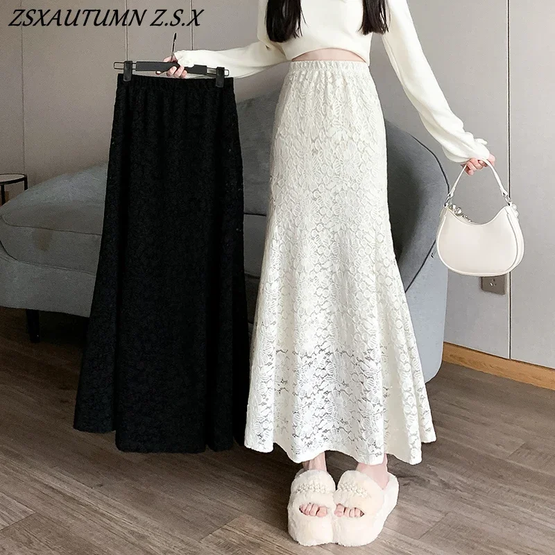 Lace Fishtail Skirt Women High-waisted Slim Hip Wrap Skirt All-match Thickened Fashion Autumn Winter Female Elegant Long Dress