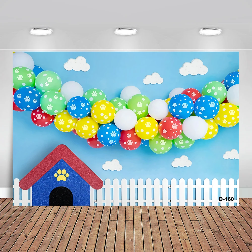 

Cartoon Bithday Party Background Blue Sky Dog House Balloon Paw Baby Shower Photography Backdrop Custom Vinyl Photo Booth Props