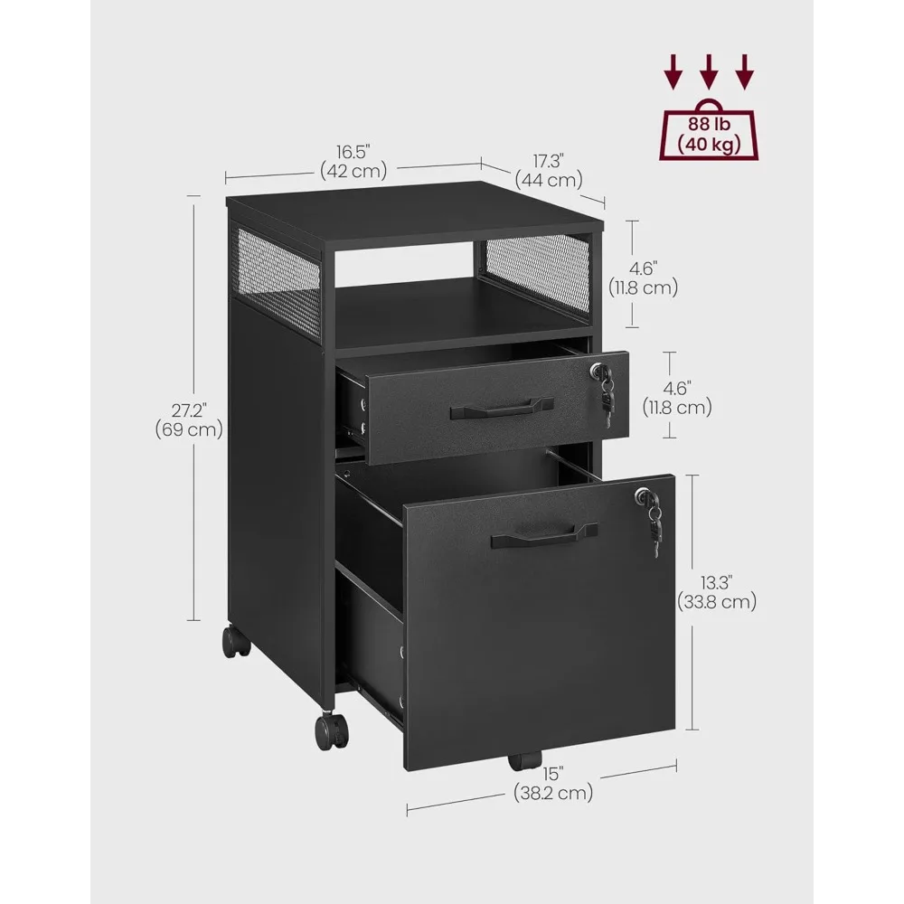 خزانة ملفات متنقلة بعجلات، درجين قابلين للقفل ورف مفتوح لتنظيم المكاتب، أسود