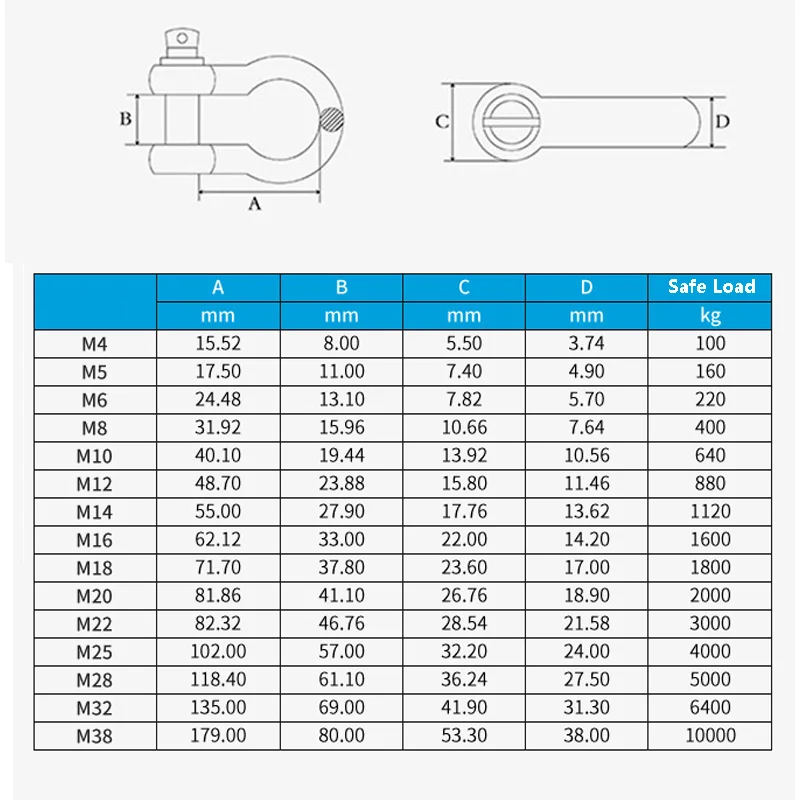 1Pcs D-Type Or Bow Shape Shackle High Quality 304/316 Stainless Steel Load Shackle Chain Rope Connect Buckle Size M4-M32