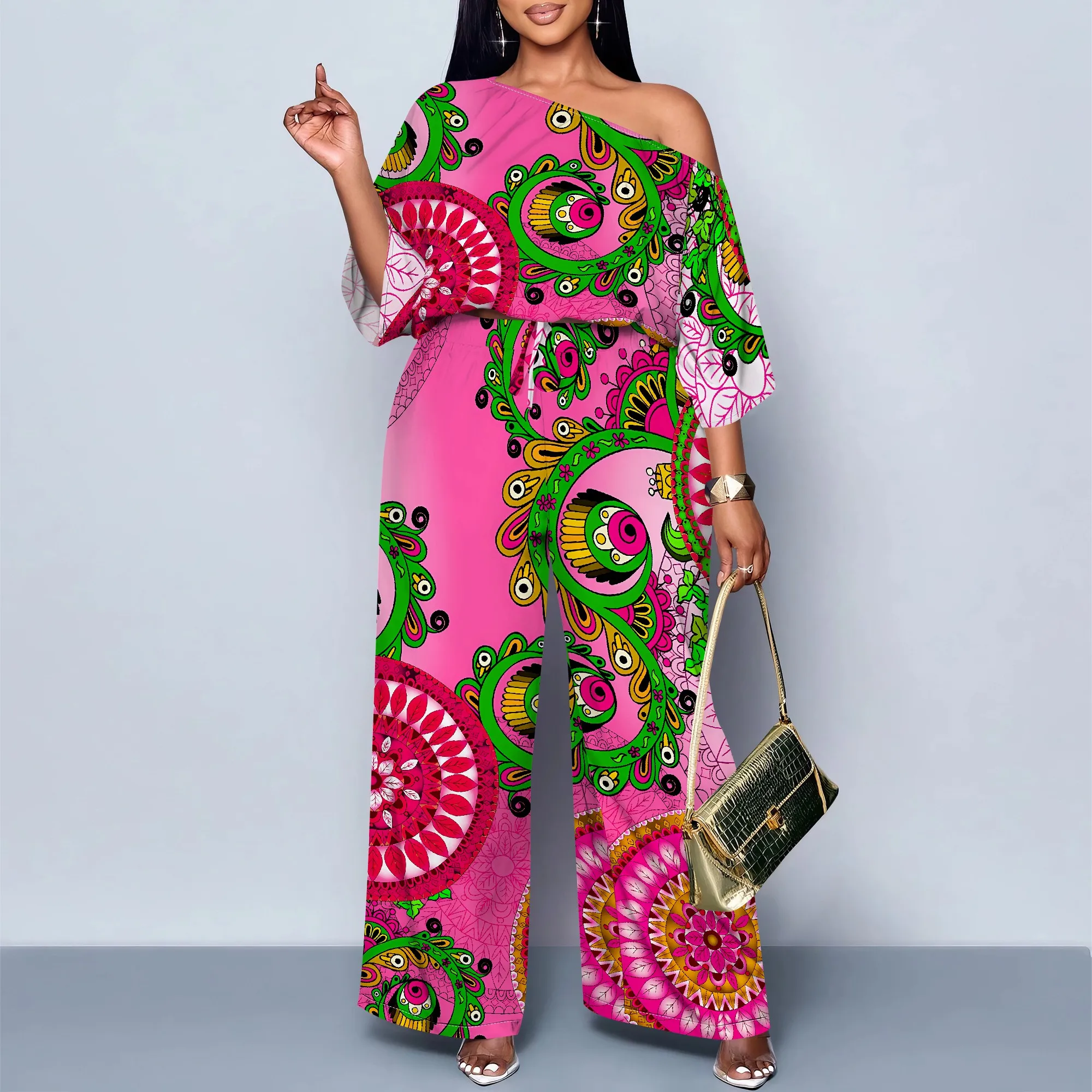 Set da due pezzi con spalla inclinata stampata casual alla moda estiva 3D da donna