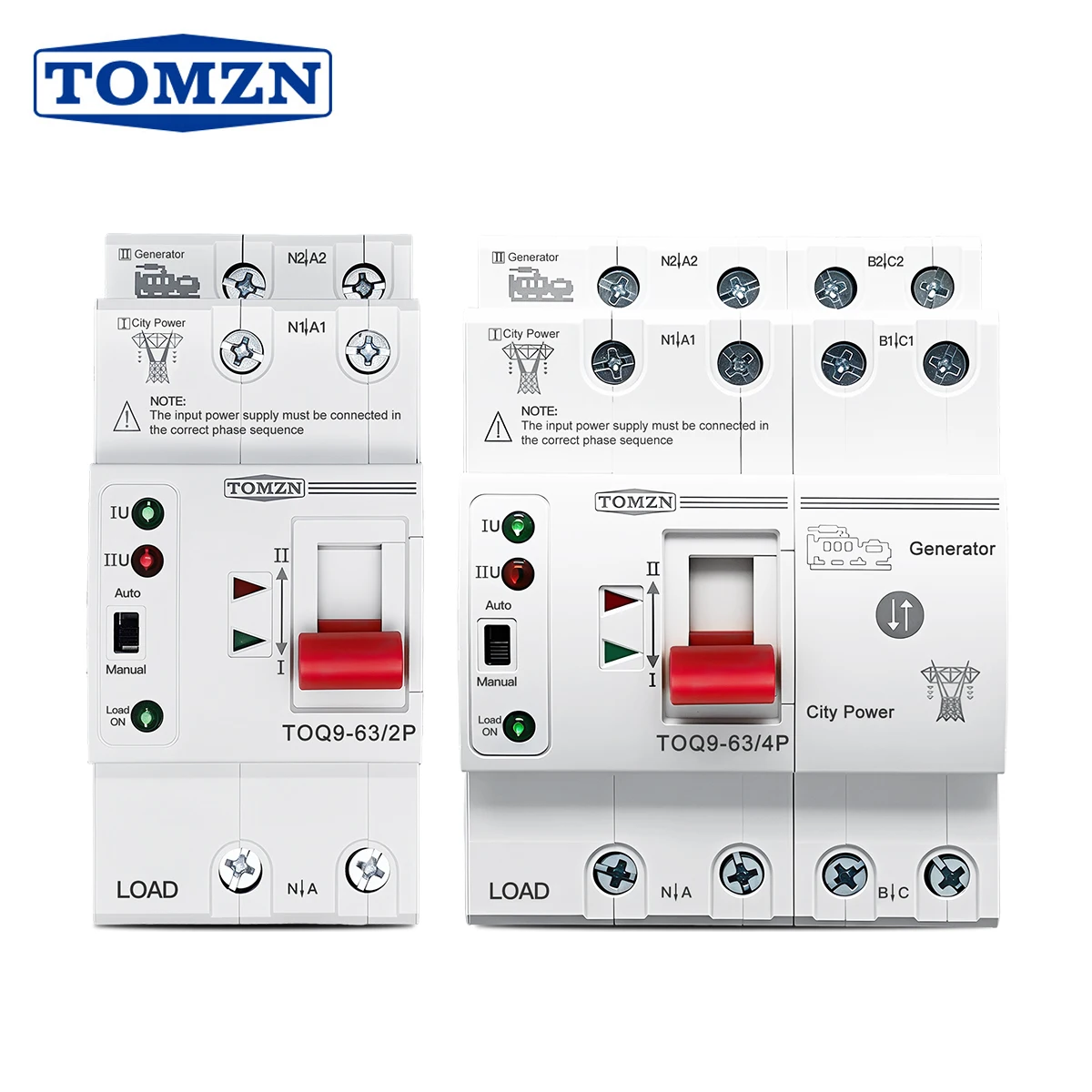 TOMZN TOQ9 Slim Auto Transfer Switch (ATS) – 2P/4P, 63A, 230V AC, DIN Rail Mount, Uninterrupted Power Changeover, Compact Design