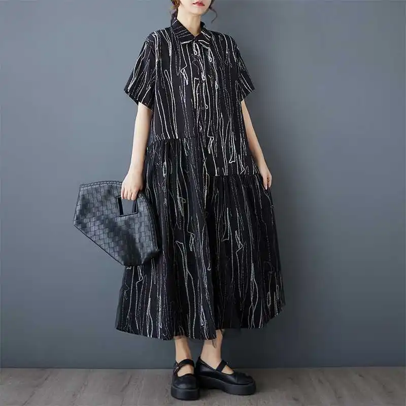 #2614 Black White Printed Long Shirt Dress Women Spliced Mesh Irregular A-line Shirt Dress Ladies Short Sleeve Loose Summer