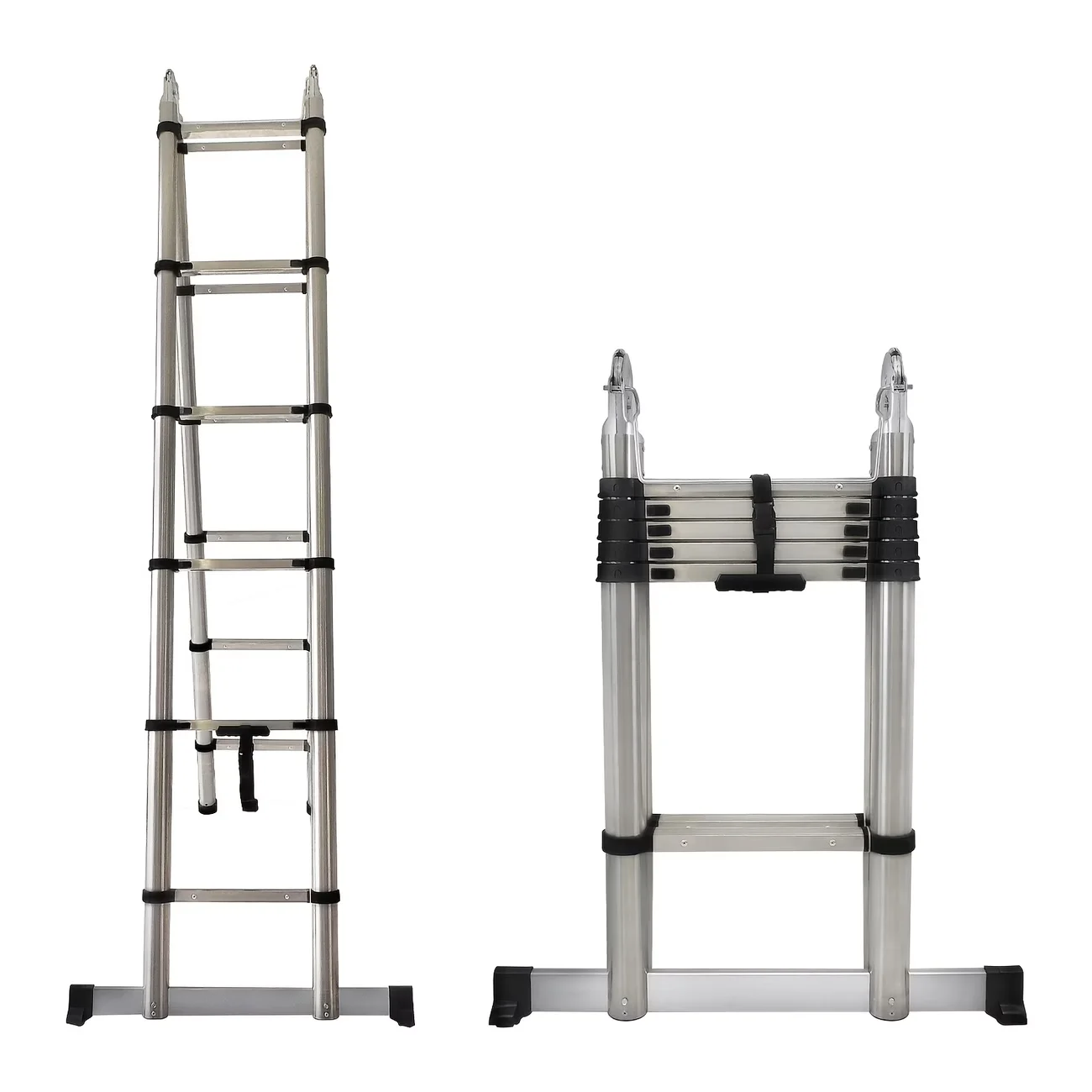 Telescopische ladder 2,6M-6,3M uitschuifladder roestvrij staal draagbaar EN131-norm met afneembare haken 150kg draagvermogen