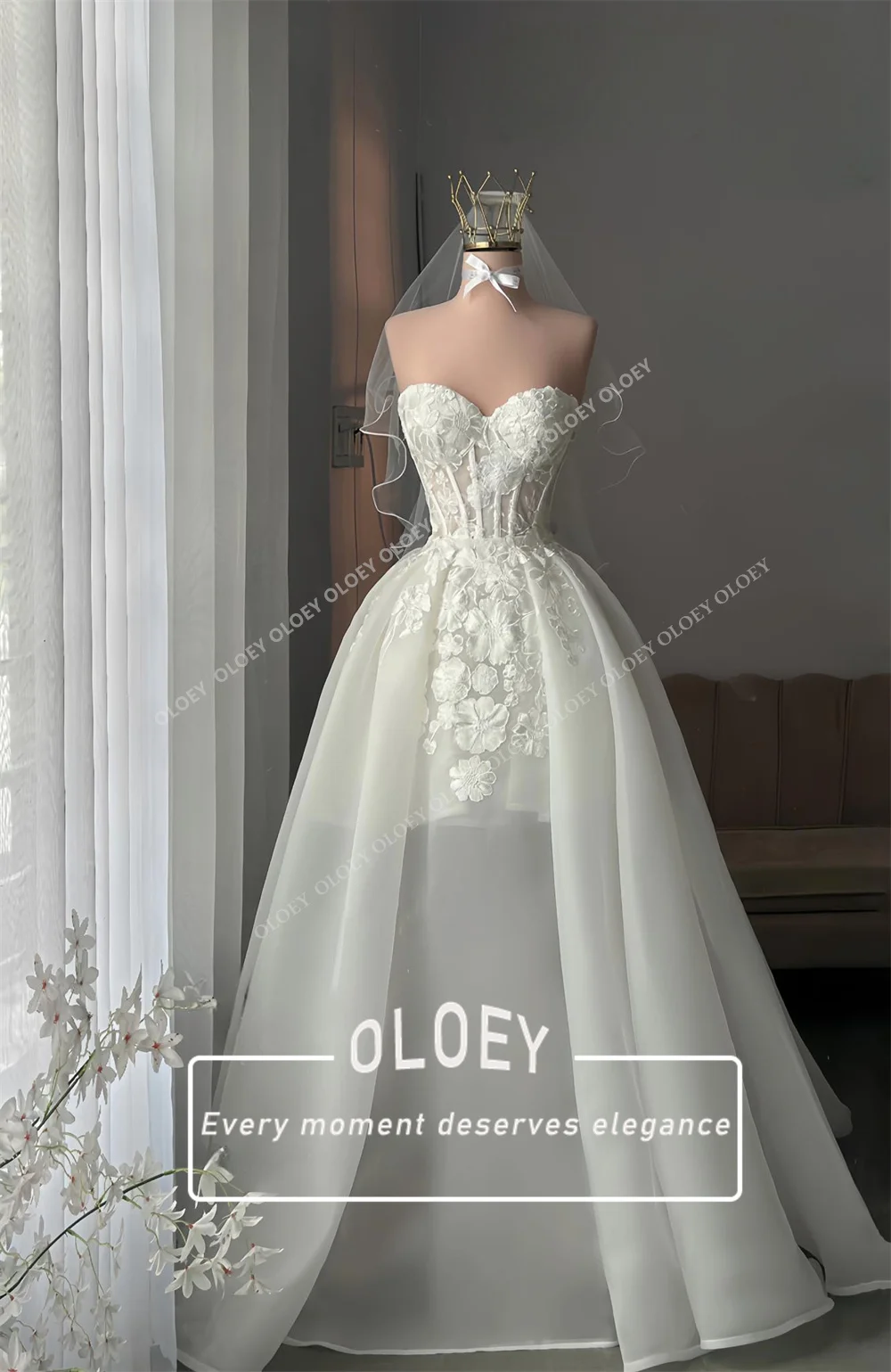 OLOEY Fairy Flowers Short Puffy Wedding Dresses with Detachable Tail Sleeves Sweetheart Neck Mini Bridal Gown Customized Corset