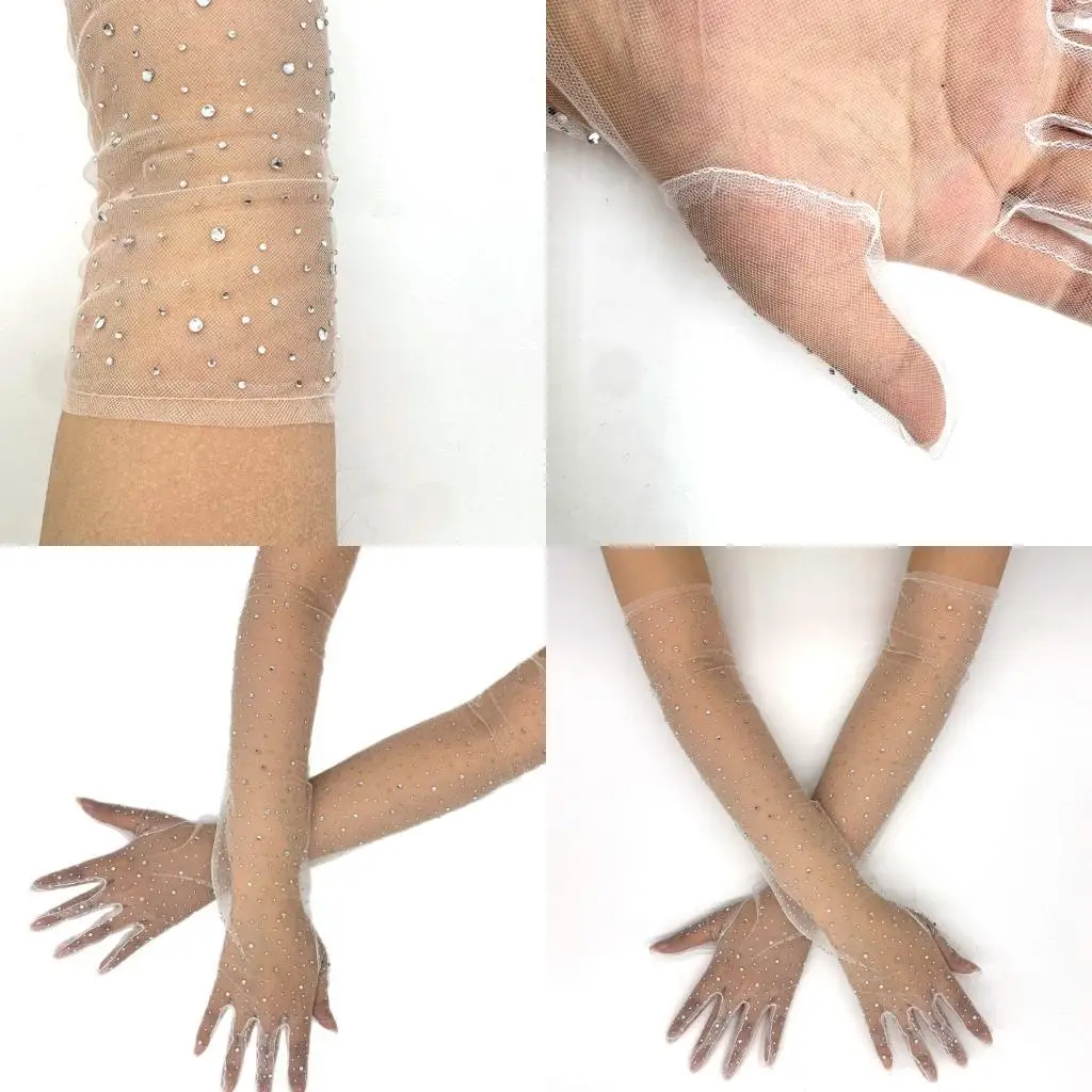 

39BB White Rhinestones Gloves Breathable Polyester Perfect For Prom Occasion