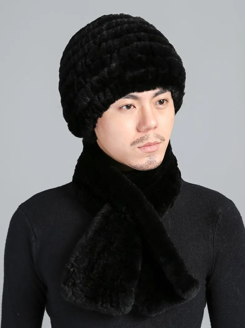 Real Rex Rabbit Fur Hat Scarf Sets For Men Winter Warm Beanie Cap Headwear Neckerchief Grey Black Blue