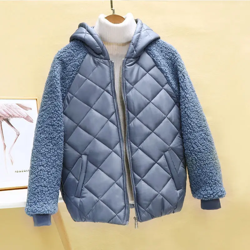 Chaqueta de algodón con capucha para mujer, abrigo corto de imitación de lana de cordero, ligero y fino, para otoño e invierno, novedad de 2022