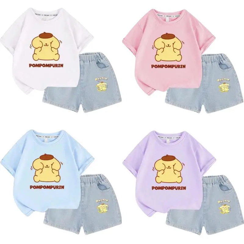 Anime Kawaii Sanrios Pompompurins Kids T-Shirt Jeans Set Girls Shorts Short Sleeves Pure Cotton Comfortable Babys Homewear Suit