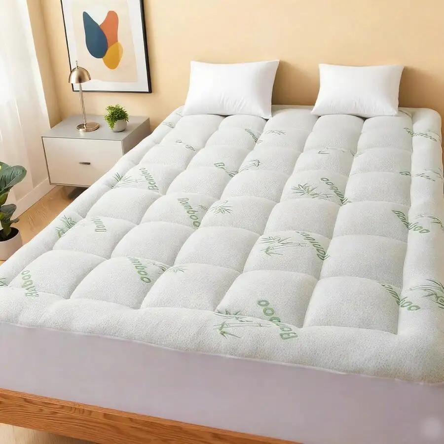 Cooling Bamboo Mattress Topper Pad With Pillow - Extra Thick Quilted, Breathable Hotel Quality, Deep Pocket Fits 8-21 Inch Mattress, Machine Washable, Geometric Pattern