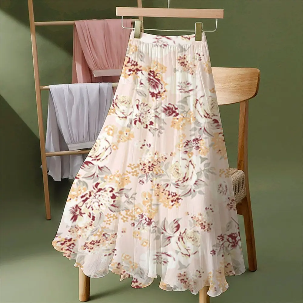 2024 New Floral Printed Long Chiffon Skirt Women Fashion Elastic High Waist A Line Max Pleated Long Summer Skirt Jupe Longue