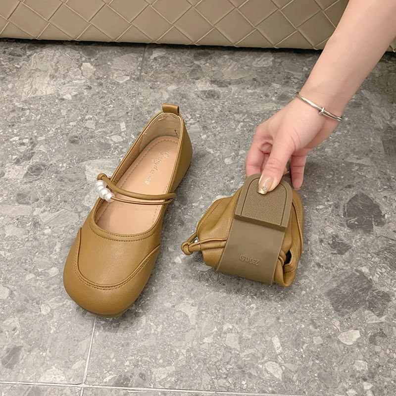 Round Toe Shoes Woman Flats Modis Soft Shallow Mouth Casual Female Sneakers Autumn Pearl Decorateion Dress 2024 New Summer Fall