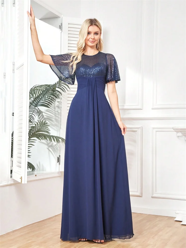 BLUEPLUM-Robe de Soirée Longue à Paillettes pour Femme, Col Rond, Bleu, Élégante, A-ligne, ixde Mariage, Bal, Cocktail, Luxe