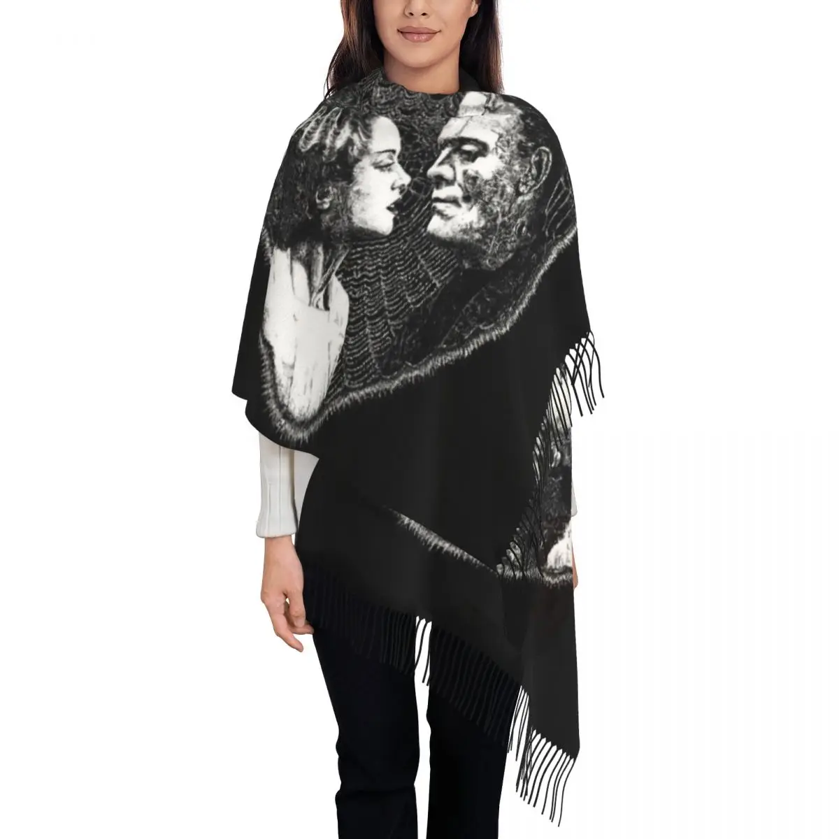 Stylish Horror Film Bride Of Frankenstein Tassel Scarf Women Winter Fall Warm Shawl Wrap Lady Halloween Horror Movie Scarves