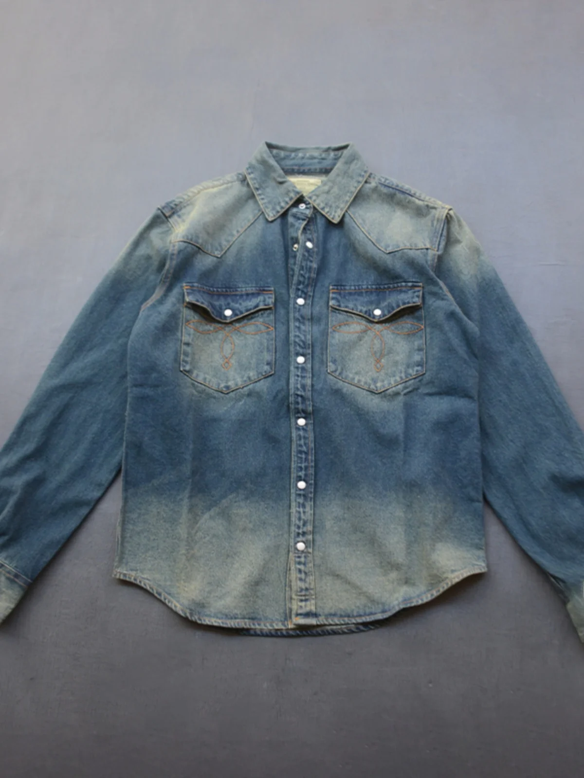 

Мужская классическая синяя джинсовая одежда в стиле ретро, весна-осень Long Sve Cotton irt с вышивкой в стиле вестерн, брюки-стойки Ca...