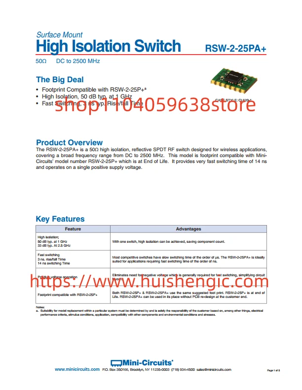 RSW-2-25PA+          Radio frequency switch IC universal SPDT 50 ohms
