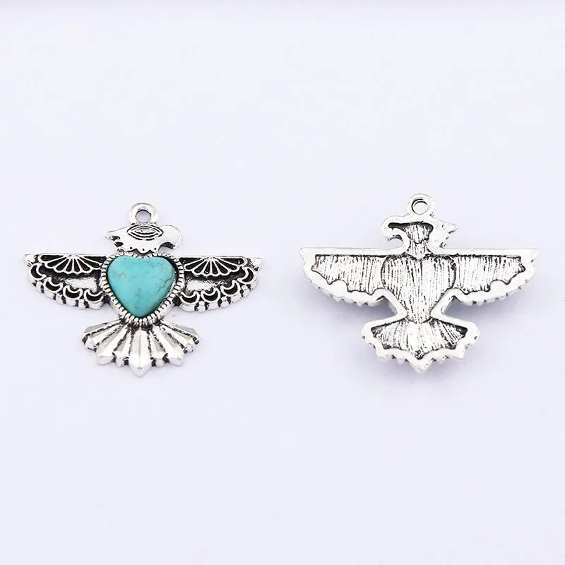 4 x Mini Tibetan Silver Thunderbird Imitation Turquoises Stone Boho Charms Pendants For DIY Necklace Earring Making Accessories