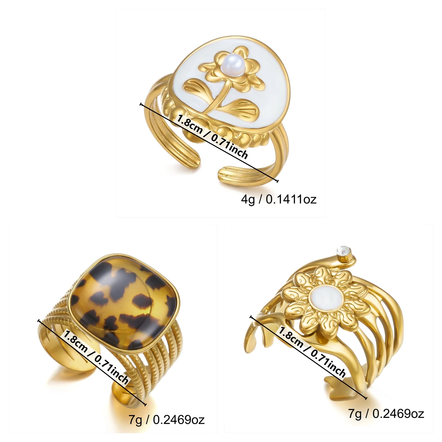 Vintage-Blumen-Leopardenmuster, offene Ringe aus PVD-beschichtetem Edelstahl, Set für Damen, Emaille-Blumenringe, Party- und Alltagsschmuck, Geschenk für sie. – Detail 8