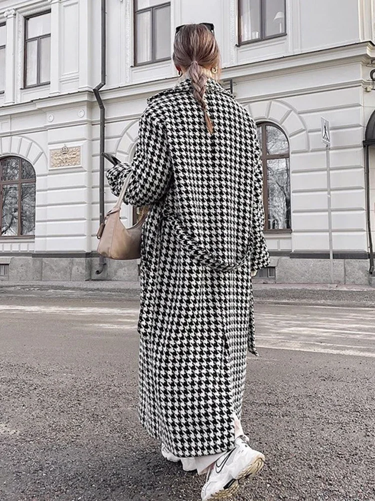 2024 Autumn Winter Women Loose Plaid Woolen Coat Houndstooth Lapel Long Sleeve Classic Warm Overcoat