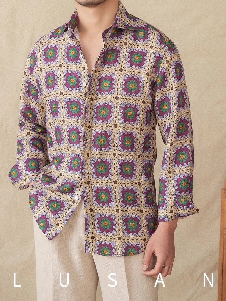

Men's Lyocell Linen Printed Shirt - Long Sleeve Drape Breathable Casual Beach Vacation Top