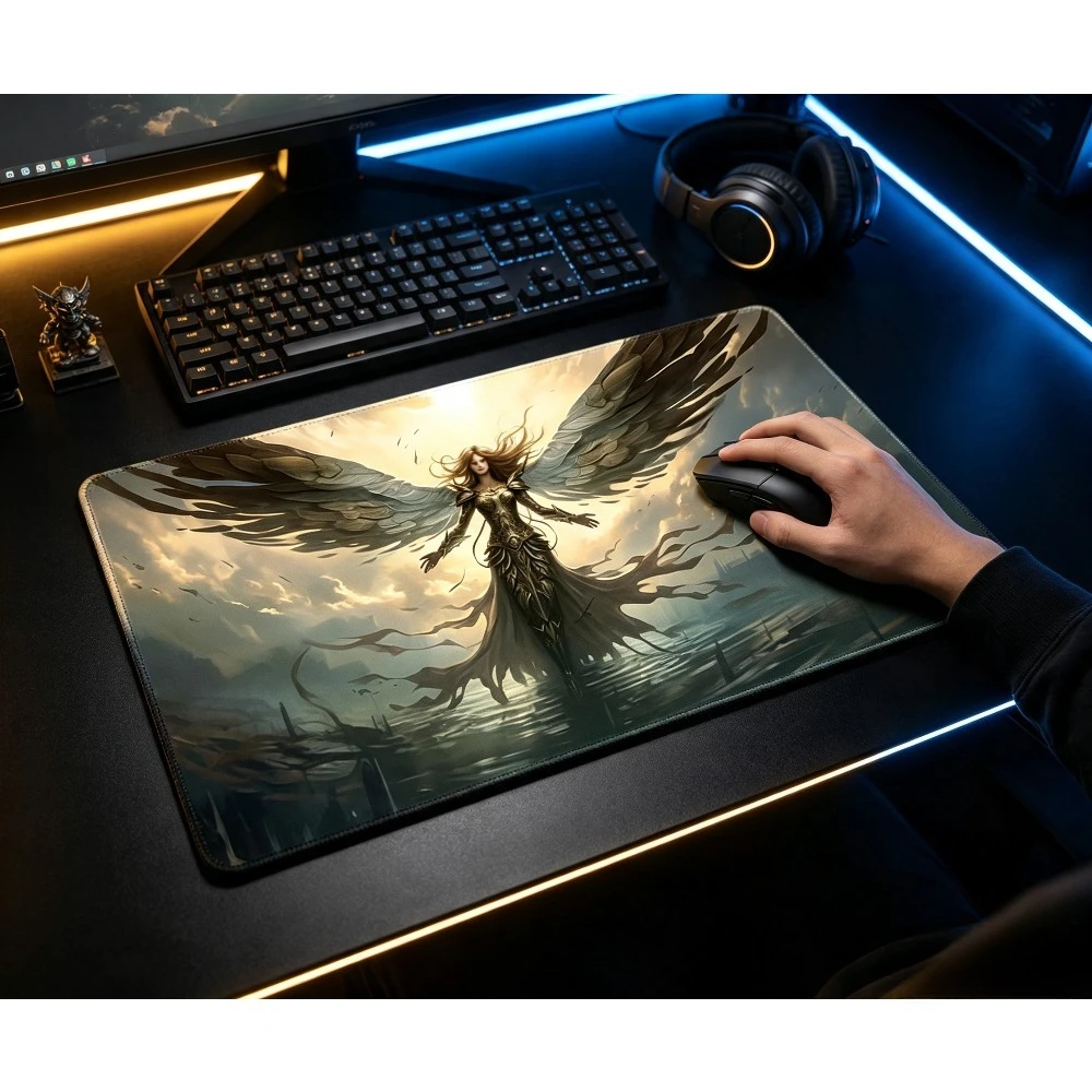 Fantasy Angel Warrior Pattern PlayMat Durable Office Deskpad Parties Gathering Card GameMat Non-slip Keyboard PC Gaming MousePad