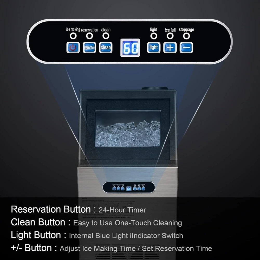 เครื่องทําน้ําแข็งเชิงพาณิชย์ 110LBS/24H, เครื่องทําน้ําแข็งอิสระสแตนเลสพร้อมถังเก็บ 24LBS, ทําความสะอาดอัตโนมัติภายใต้