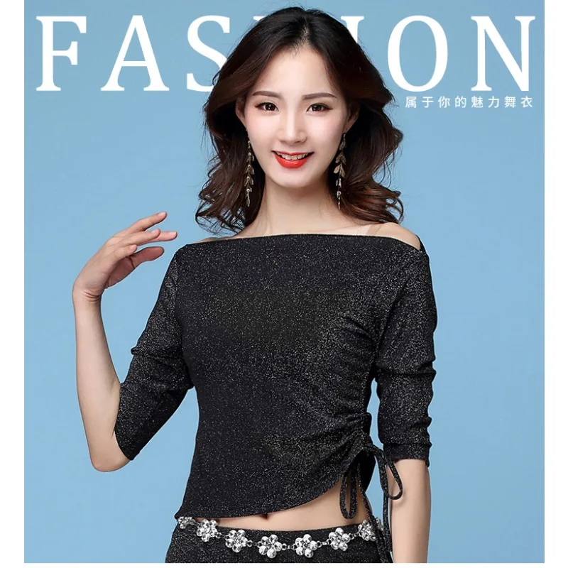 맞춤형 새로운 밸리 댄스 의상 연습 의류 실버 메쉬 사이드 드로우 스트링 탑 초보자를위한 연습 의류 성인용