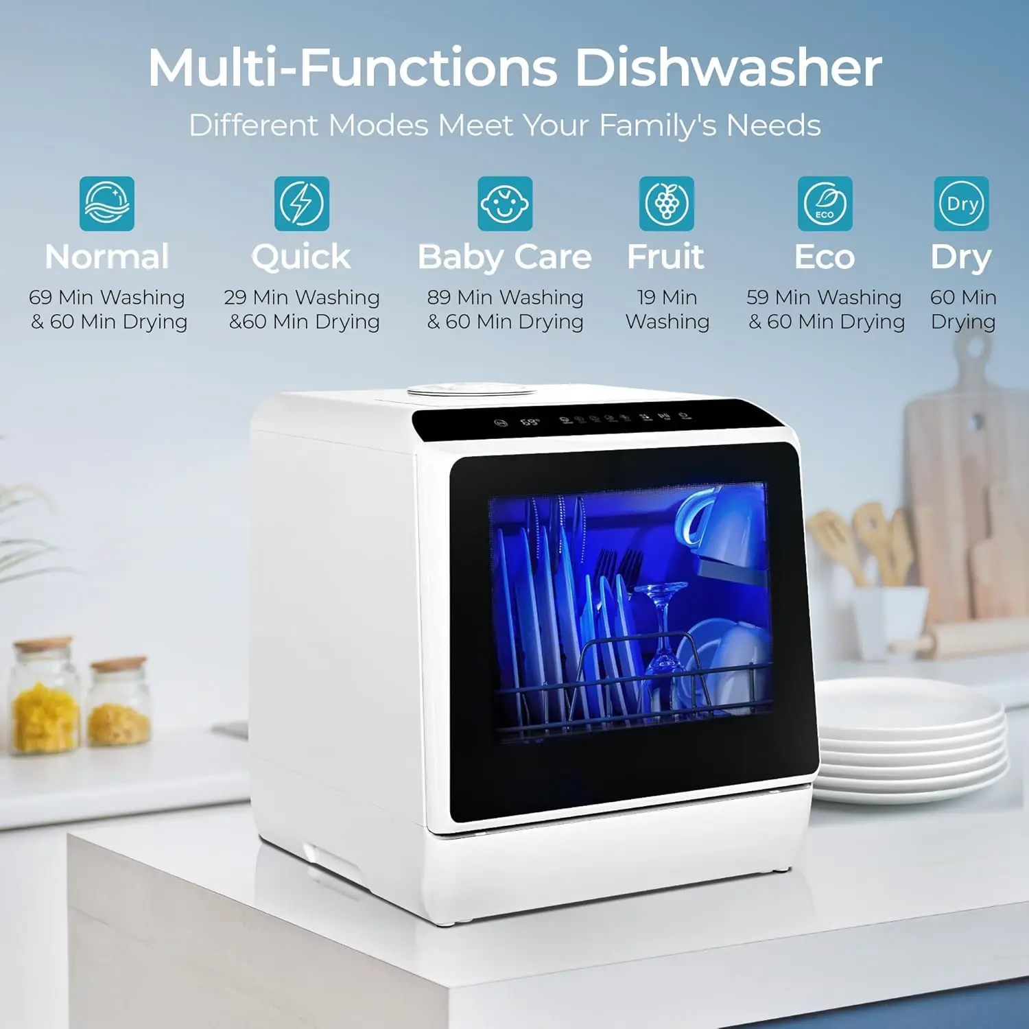 Portable Dishwasher Countertop Compact Dishwashers, Tabletop Small Dishwasher with 5L Built-in Water Tank with 6 Modes and Baby