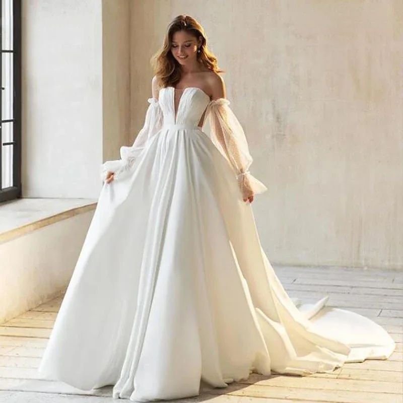 

Flowing Satin Boho Wedding Dresses with Detachable Puff Tulle Sleeve Sweetheart A-Line Pleated Bridal Gowns 2025