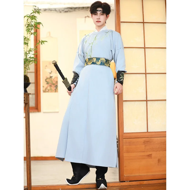 Ancient Hanfu Men's Chinese Style Green Bamboo Embroidered Ming Crew Neck Robe Set Knight Flying Fish Suit