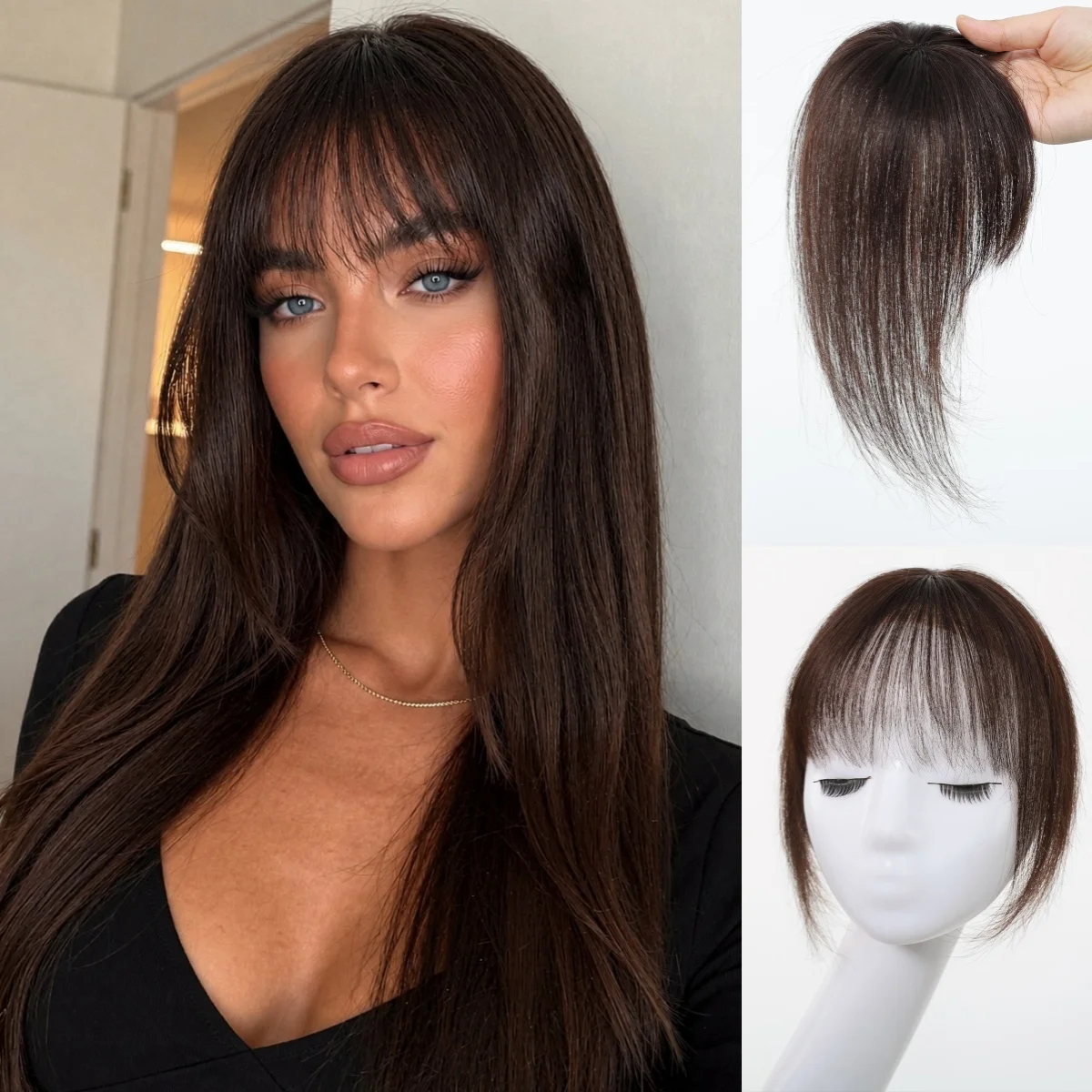 10 Inch Dark Brown Human Hair Topper for Women with Bangs Straight Hairpiece for Thinning Hair Clip in Toppers Heart Shaped Base