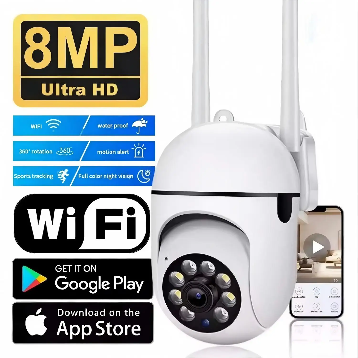 5MP Wifi IP Wireless Security Surveillance PTZ Camera 4X Zoom Cameras Tracking Two-way Audio HD Night Color Cam V360PRO APP