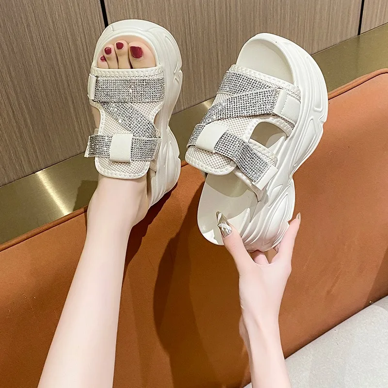 8.5cm Women Platform Slippers Air Mesh Chunky Sandals Beach Shoes Bling Wedge Heels Peep Toe Slides Ladies Outside Flip-Flops