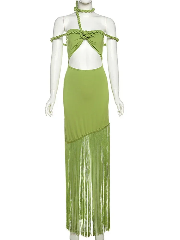 Vestidos largos con flecos y cuello Halter para mujer, elegantes detalles de borlas, Vestidos de fiesta verdes, Vestidos de noche, novedad de 2025
