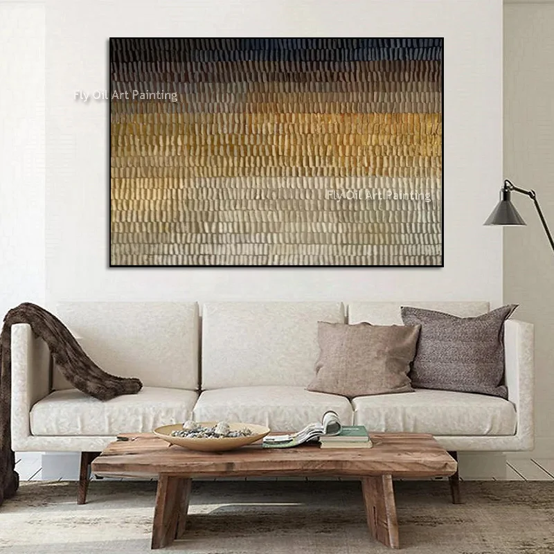 Cream Beige Grid Stroke Canvas, Hand‑Painted Impasto Oil Painting, Wabi‑Sabi Minimal Textured Horizontal Wall Decor