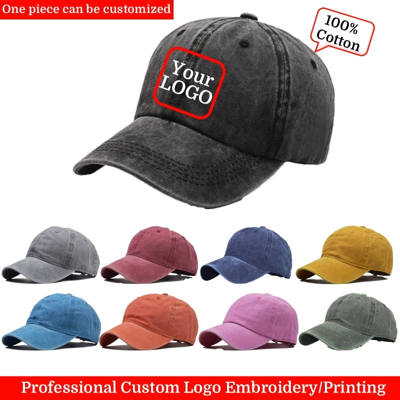 Custom Baseball Caps for Men Women Vintage 100% Washed Cotton Dad Hat Embroidery or Print DIY Team Logo Snapback Cap Hip Hop Hat