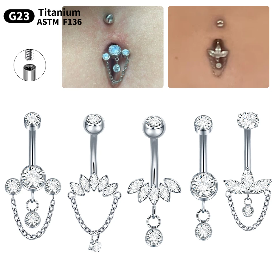 1PC Titanium Belly Button Ring Dainty Floral Marquise Gem Dangle Chain Navel Piercing Ring Navel Nail Body Piercing Jewelry