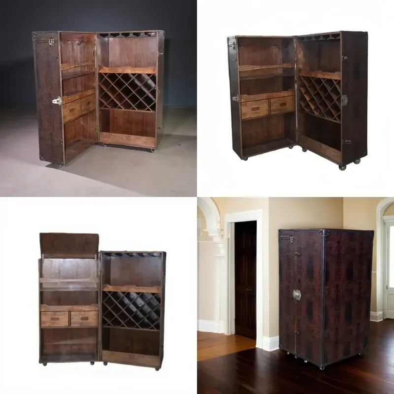 Retro Solid Wood Wine Cabinet Antique Finish Foldable Design for Living Room and Bar Storage Furniture