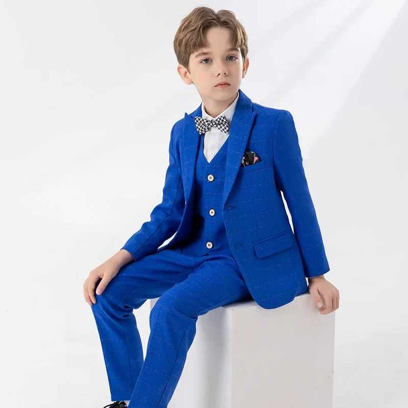 

Boys Blue Slim Fit Suits Formal Wear Children Teenagers Groomsman Host Performance Clothes Kids Plaid Students Party Full Dress