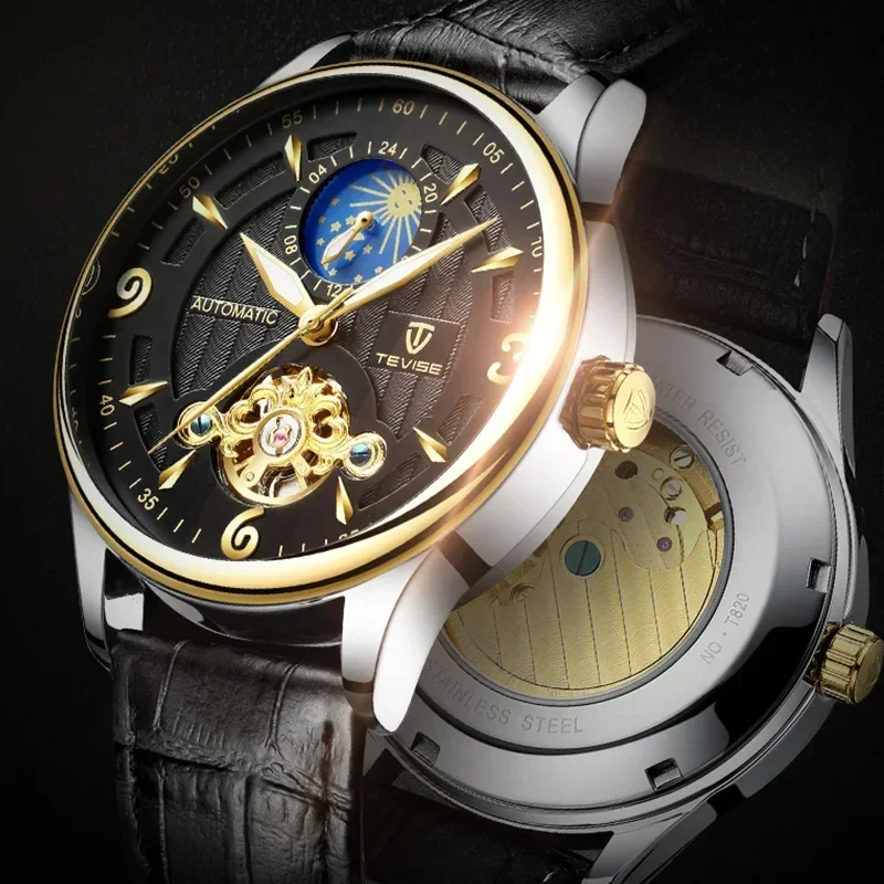 

Tourbillon Hollow Automatic Mechanical Watch Men's Leather Moon Phase Function Waterproof Glow-in-the-dark Man Sports Watch