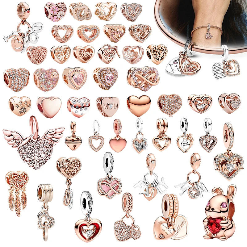 

2026 New Rose Gold/Silver Plated Heart Charm Beads Crystal Love Animal Pendant Fit Original Bracelet DIY Jewelry Gift for Women
