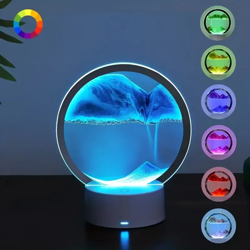 3D Dynamic Hourglass Night Light - USB-Powered Tabletop Lamp Blue/ Glass Novel Desk Lighting for Living Room Office Bedroom
