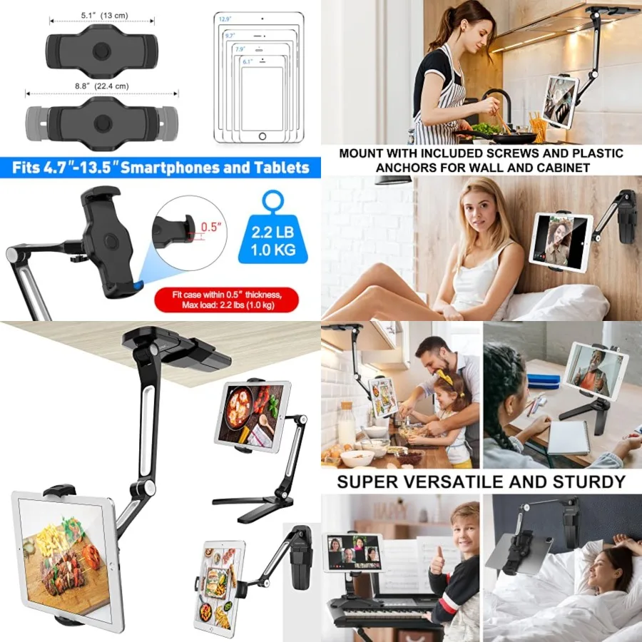

iPad Wall Mount, 3 in 1 Highflex 360° Under Cabinet iPads Mount for Kitchen, Tablet Celling Under Counter Holder, Kitchen Tablet Mount Fits 4.7" to 13.5" iPad, mini, Air, Surface Pro - Black